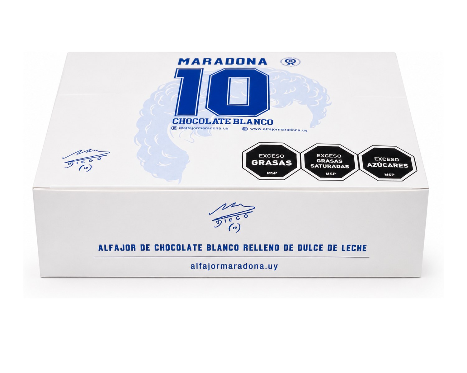 Caja blanca de Alfajor Maradona de chocolate blanco, cerrada