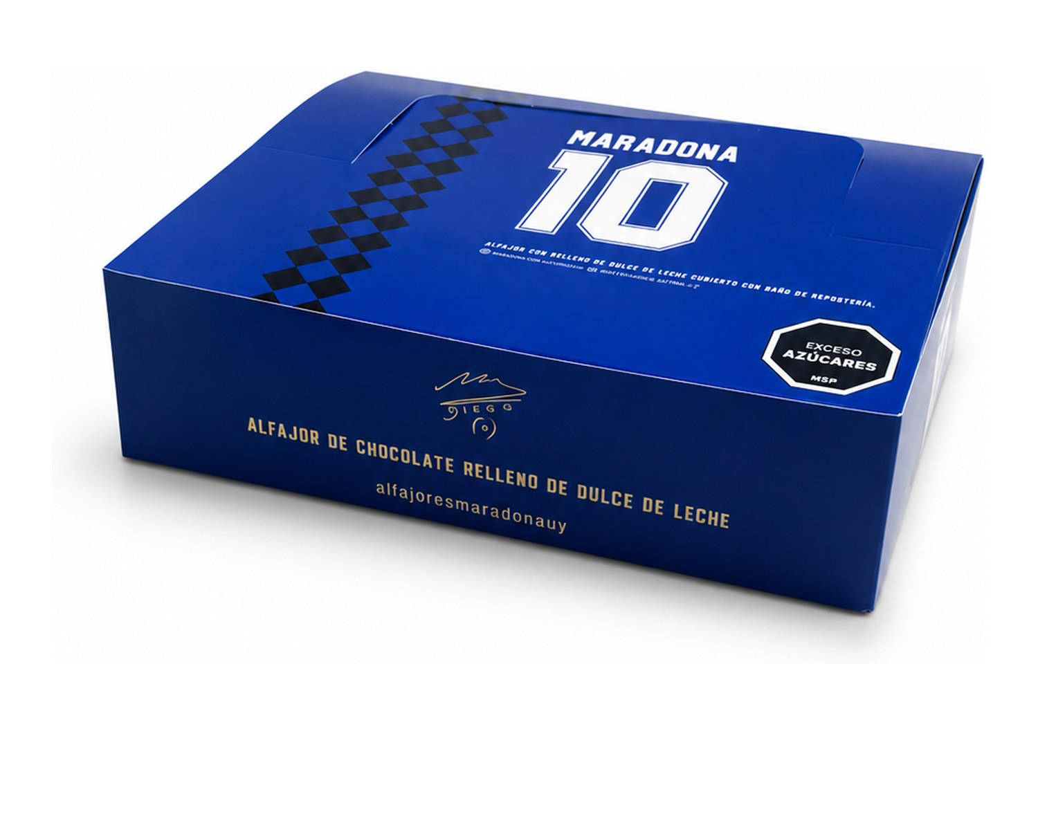 Caja azul de Alfajor Maradona de chocolate negro, cerrada