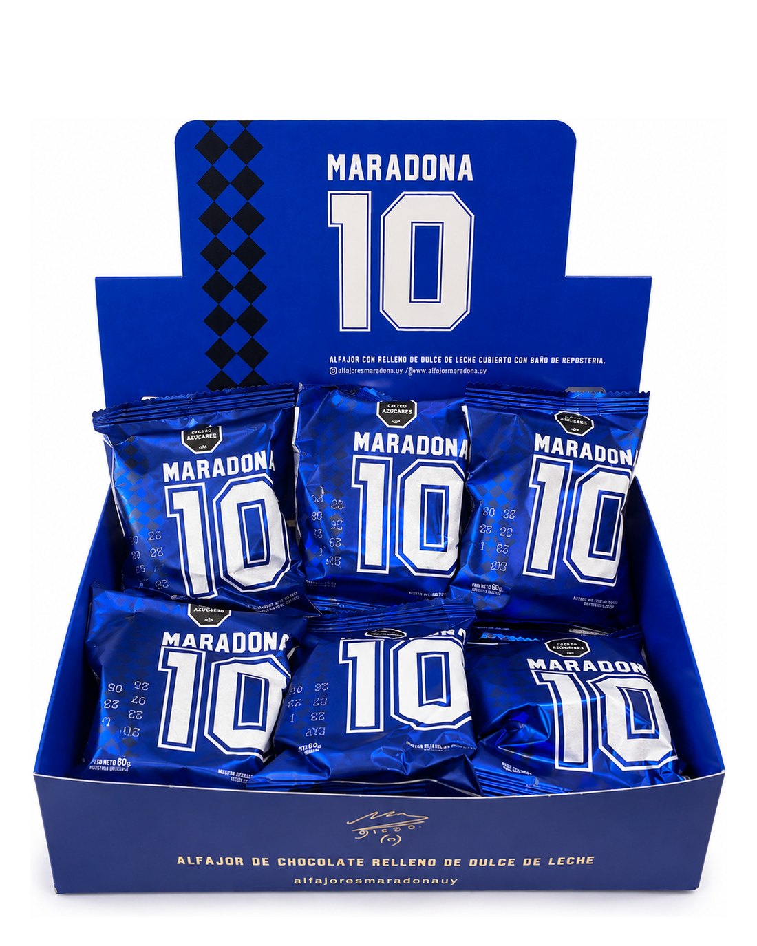 Expositor de mostrador azul con los alfajores de chocolate negro adentro